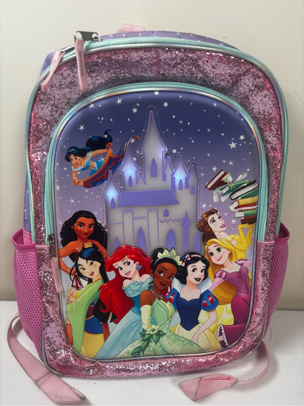 Disney Princess Backpack Light-Up Castle Glittery Bookbag Pink Purple Disney